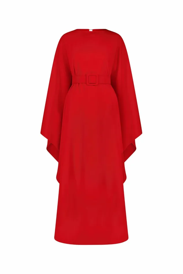 Mac Duggal Crepe Boat Neck Caftan Maxi Dress With Belt Cherry Women Every Day Dresses
