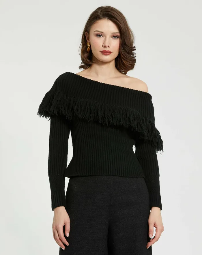 Mac Duggal Off The Shoulder Fringe Knit Sweater 8211 FINAL SALE Black Women Blouses and Tops Mac Duggal Off The Shoulder Fringe Knit Sweater 8211 FINAL SALE Black Women Blouses and Tops
