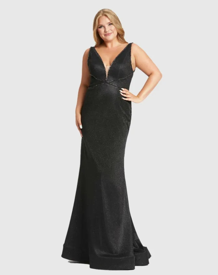Mac Duggal Plus Size Dresses Women Sleeveless Metallic Trumpet Gown Plus Black