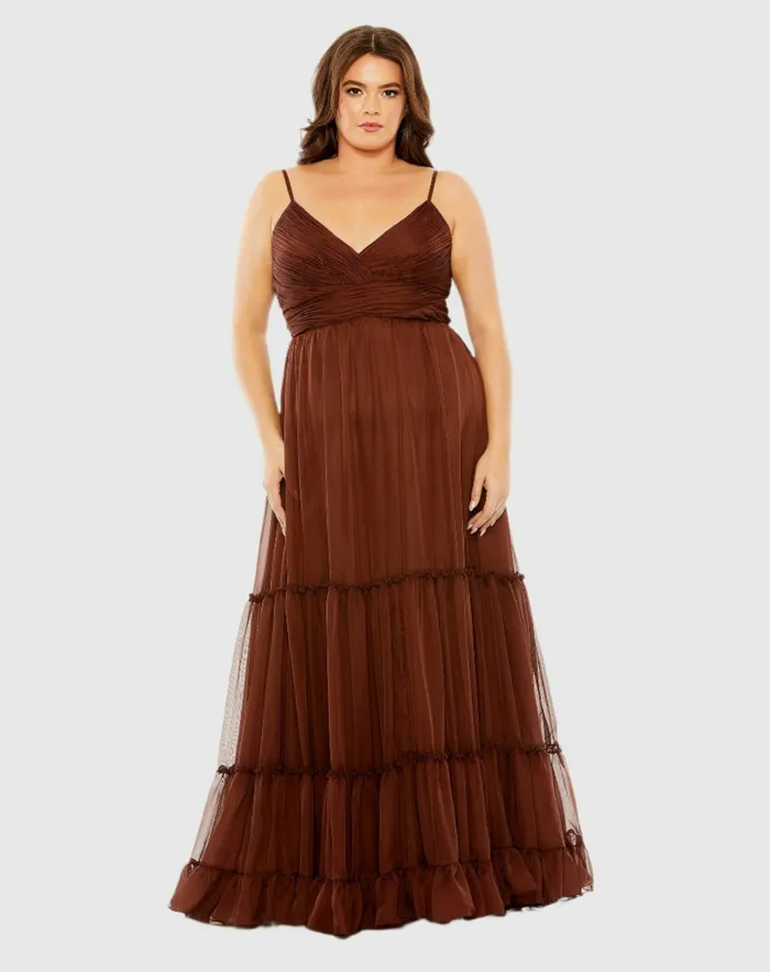 Mac Duggal Plus Size Dresses Women Tiered VNeckline Ruched Gown Chocolate
