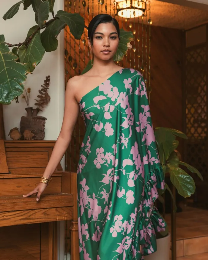 Mac Duggal Printed Charmeuse One Shoulder Draped Gown Green Multi Women Every Day Dresses