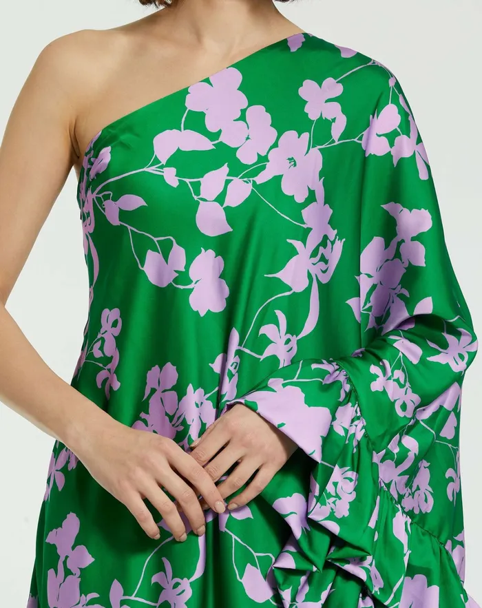 Mac Duggal Printed Charmeuse One Shoulder Draped Gown Green Multi Women Every Day Dresses