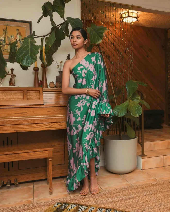 Mac Duggal Printed Charmeuse One Shoulder Draped Gown Green Multi Women Every Day Dresses