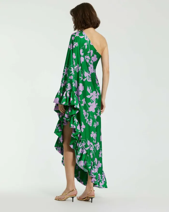 Mac Duggal Printed Charmeuse One Shoulder Draped Gown Green Multi Women Every Day Dresses