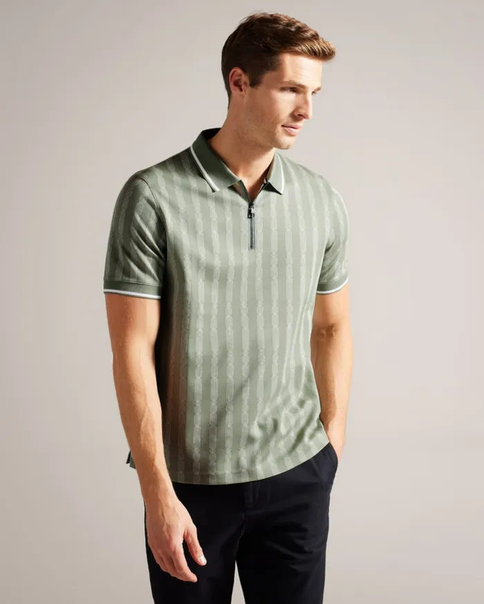 Men ICKEN 8211 Geometric Jacquard Zip Polo Shirt Pale Green Ted Baker Tops