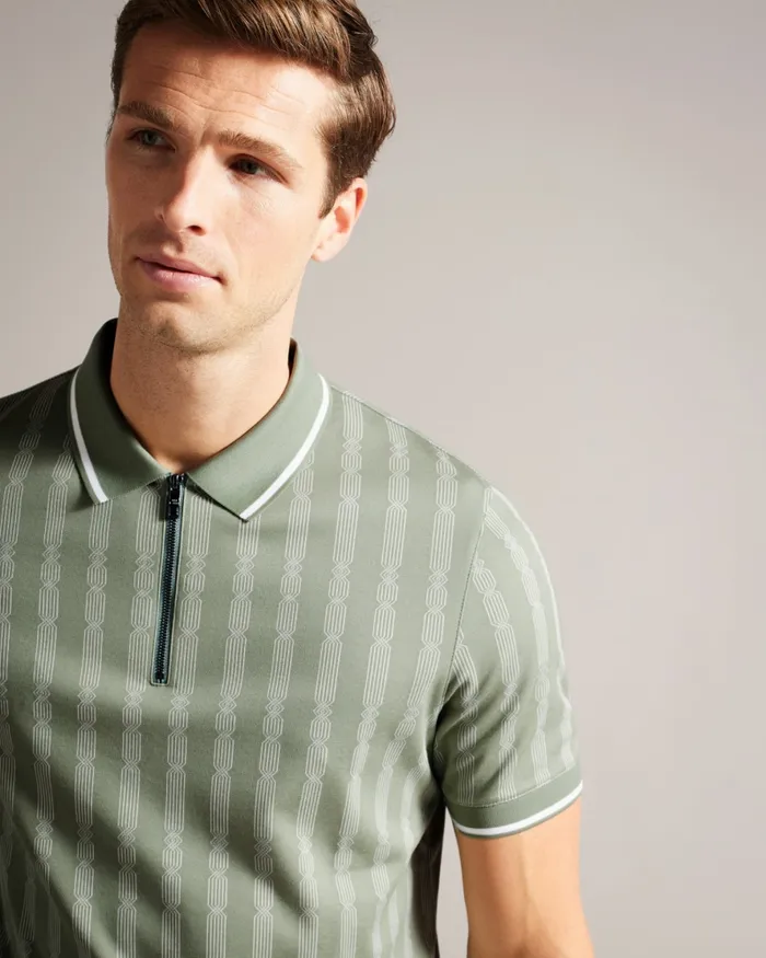 Men ICKEN 8211 Geometric Jacquard Zip Polo Shirt Pale Green Ted Baker Tops