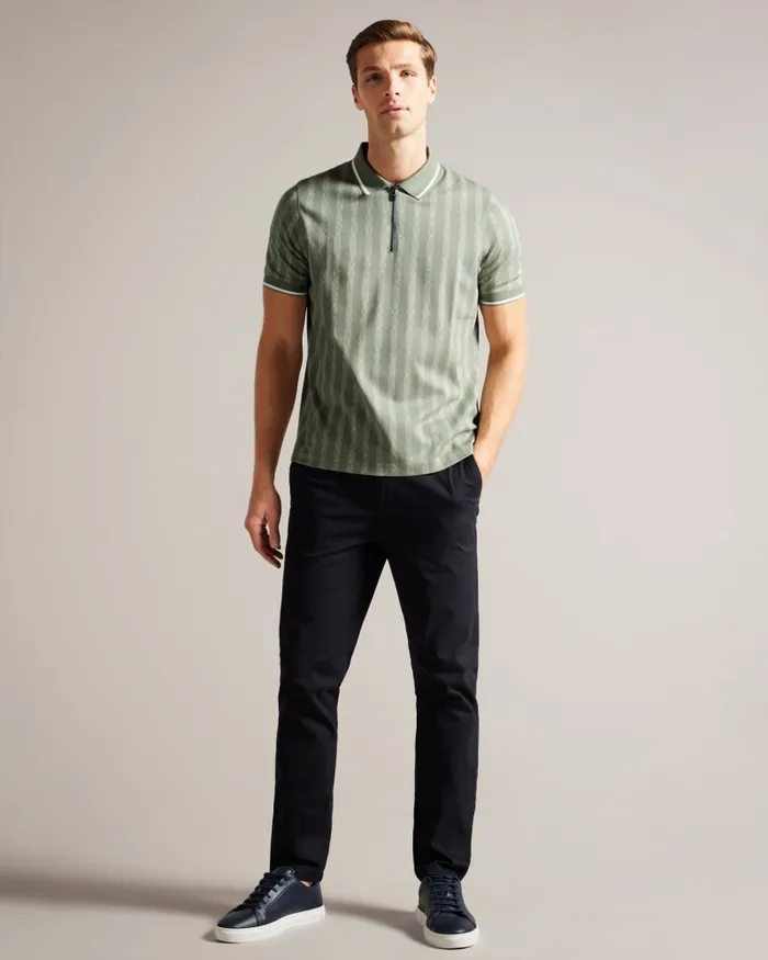 Men ICKEN 8211 Geometric Jacquard Zip Polo Shirt Pale Green Ted Baker Tops