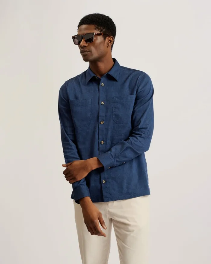 Men IIO 8211 Relaxed Fit Linen Blend Shirt Dark Blue Ted Baker Coats and Jackets Men IIO 8211 Relaxed Fit Linen Blend Shirt Dark Blue Ted Baker Coats and Jackets