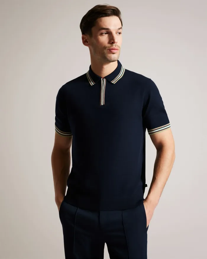 Men PIERROT 8211 Short Sleeve Stripe Trim Polo Shirt Navy Ted Baker Jumpers and Knitwear Men PIERROT 8211 Short Sleeve Stripe Trim Polo Shirt Navy Ted Baker Jumpers and Knitwear