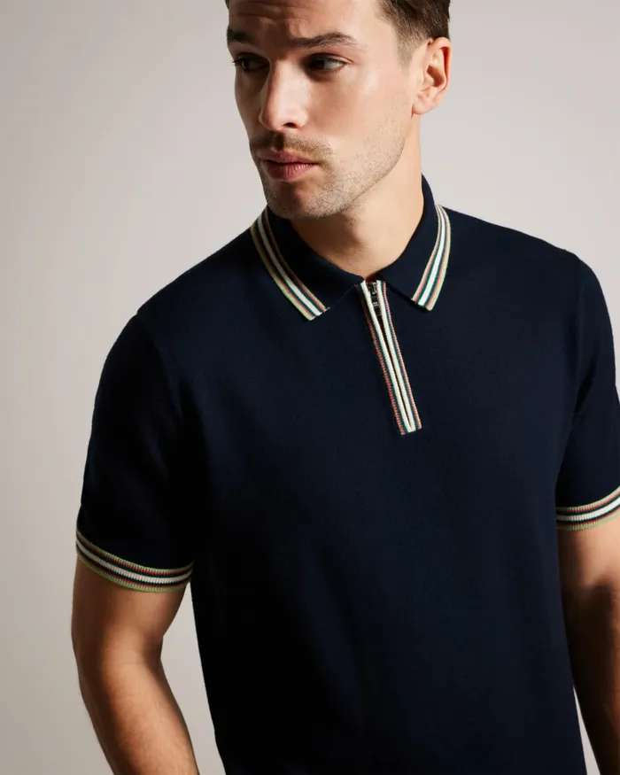 Men PIERROT 8211 Short Sleeve Stripe Trim Polo Shirt Navy Ted Baker Jumpers and Knitwear Men PIERROT 8211 Short Sleeve Stripe Trim Polo Shirt Navy Ted Baker Jumpers and Knitwear