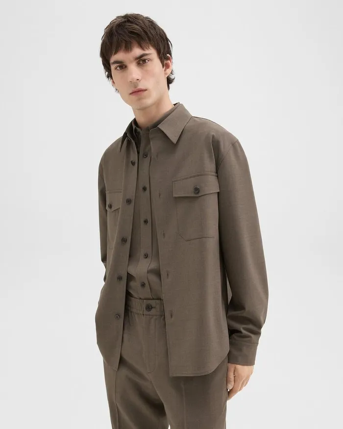 Men Shirts Theory Garvin Shirt Jacket In Stretch Wool Fossil Melange