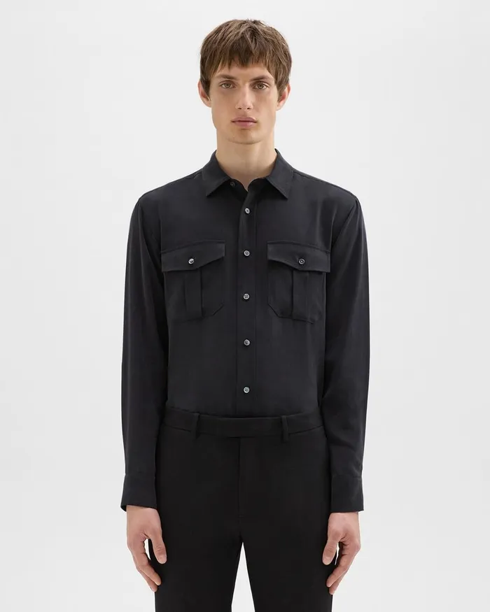 Men Shirts Theory Military Shirt In Fluid Twill Black