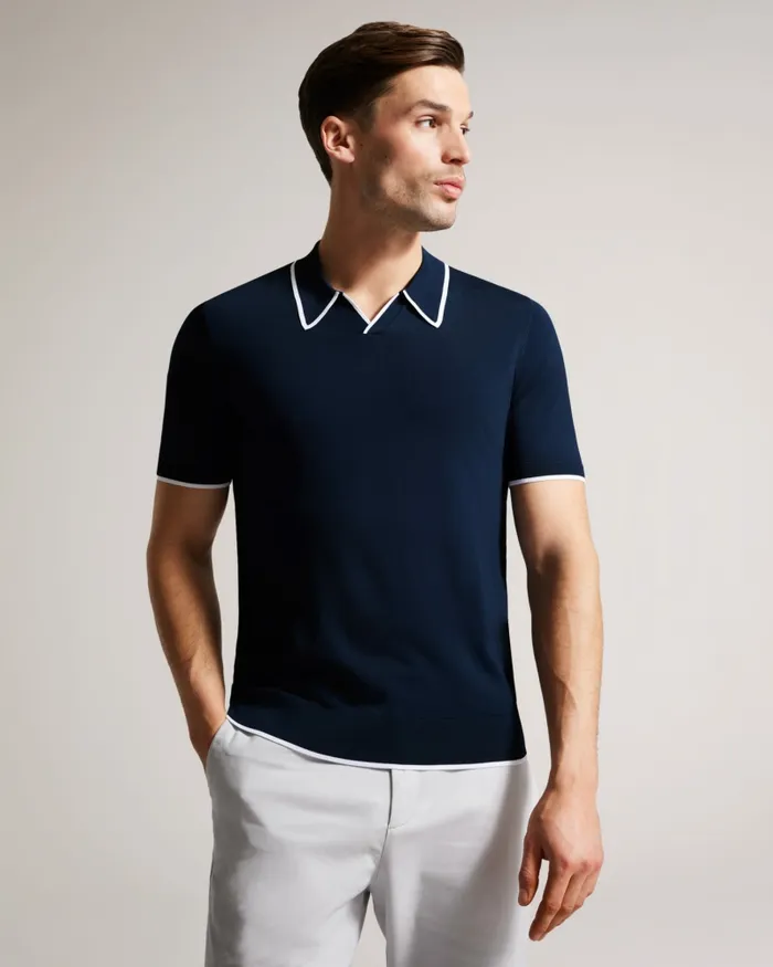 Men STORTFO 8211 Short Sleeve Rayon Polo Shirt Navy Ted Baker Jumpers and Knitwear Men STORTFO 8211 Short Sleeve Rayon Polo Shirt Navy Ted Baker Jumpers and Knitwear