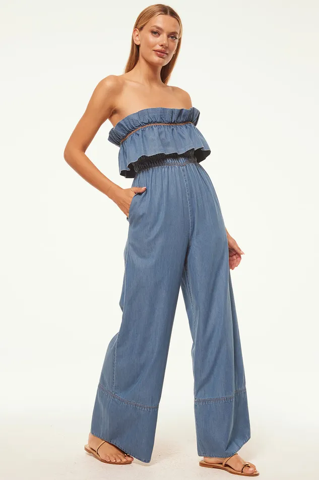 Misa Los Angeles Charlie Jumpsuit Blue Chambray Women Jumpsuits and Rompers