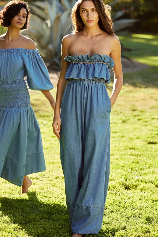 Misa Los Angeles Charlie Jumpsuit Blue Chambray Women Jumpsuits and Rompers