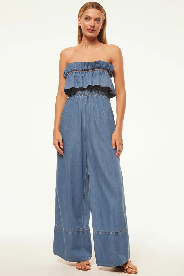 Misa Los Angeles Charlie Jumpsuit Blue Chambray Women Jumpsuits and Rompers