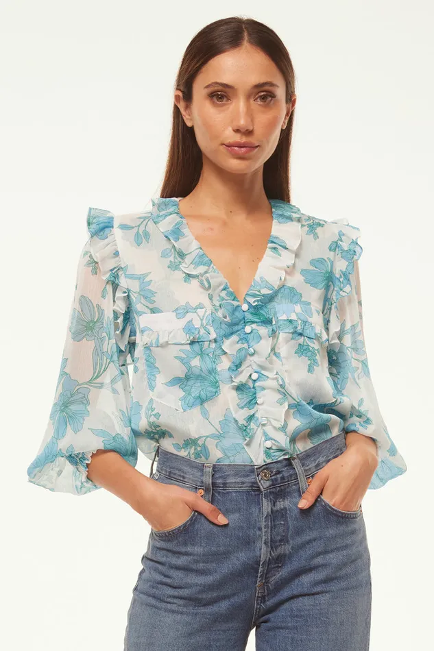 Misa Los Angeles Sacha Top Turquoise Flora Chiffon Women Matching Sets