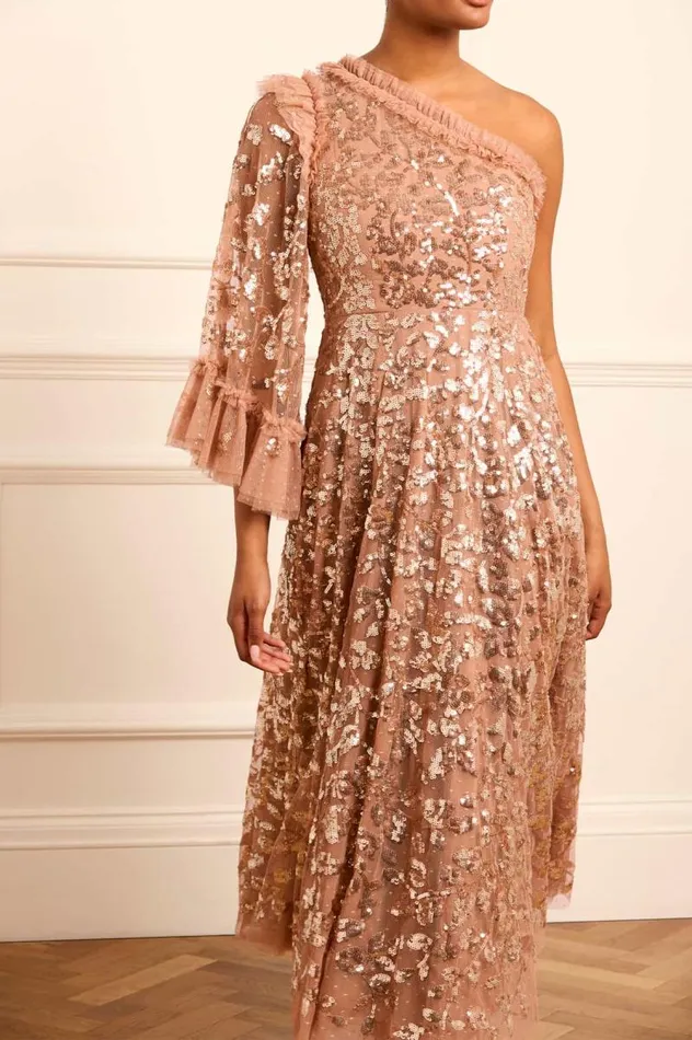 Needle and Thread Dresses Falling Leaves OneShoulder Ankle Gown Beige 8211 Women