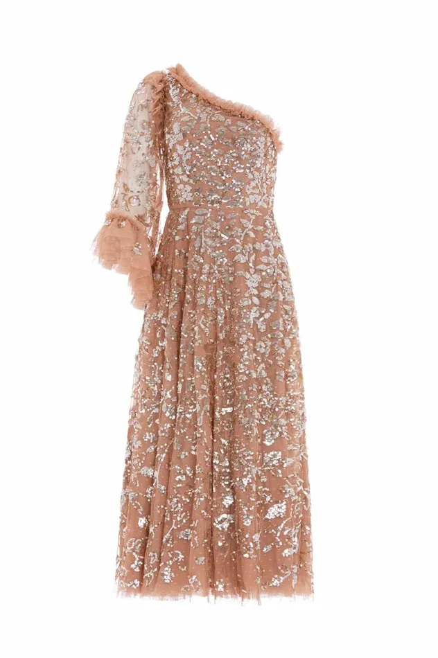 Needle and Thread Dresses Falling Leaves OneShoulder Ankle Gown Beige 8211 Women