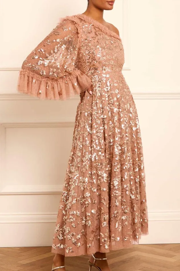 Needle and Thread Dresses Falling Leaves OneShoulder Ankle Gown Beige 8211 Women