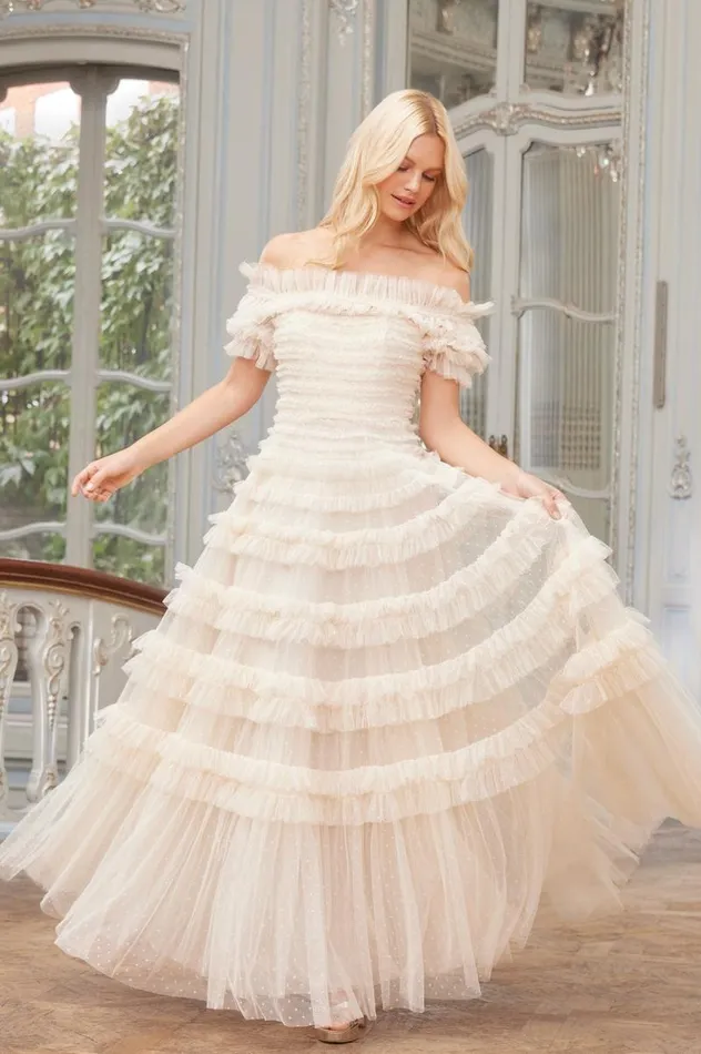 Needle and Thread Dresses Lisette Ruffle Off Shoulder Gown Champagne 8211 Women