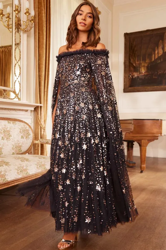 Needle and Thread Dresses Shooting Stars Cape Ankle Gown Black 8211 Women
