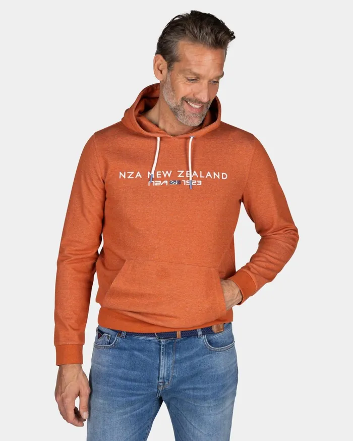 NZA New Zealand Auckland Sweatshirts Orange Hoodie With Chest Text 8211 Almond Orange 8211 Men NZA New Zealand Auckland Sweatshirts Orange Hoodie With Chest Text 8211 Almond Orange 8211 Men