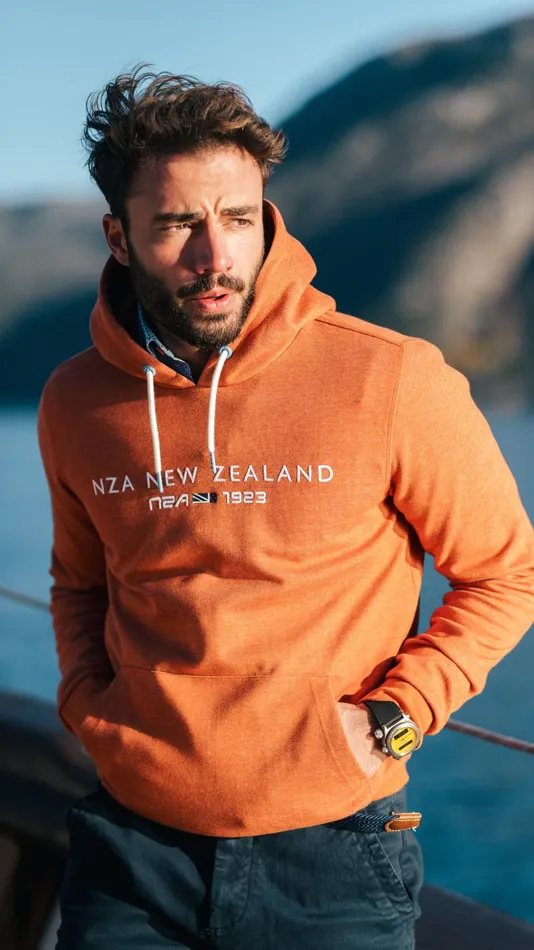 NZA New Zealand Auckland Sweatshirts Orange Hoodie With Chest Text 8211 Almond Orange 8211 Men NZA New Zealand Auckland Sweatshirts Orange Hoodie With Chest Text 8211 Almond Orange 8211 Men