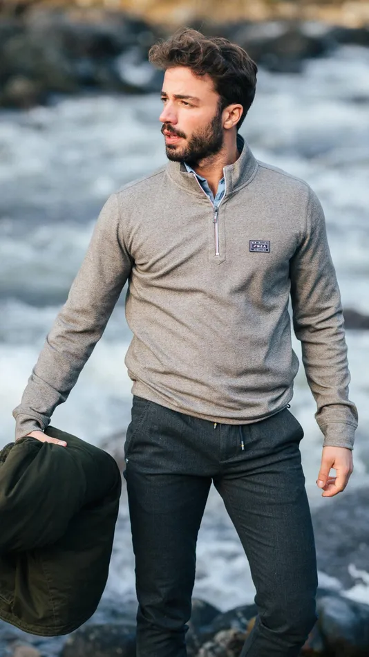 NZA New Zealand Auckland Sweatshirts Sporty Gray Sweater With HalfZip 8211 Mud 8211 Men NZA New Zealand Auckland Sweatshirts Sporty Gray Sweater With HalfZip 8211 Mud 8211 Men
