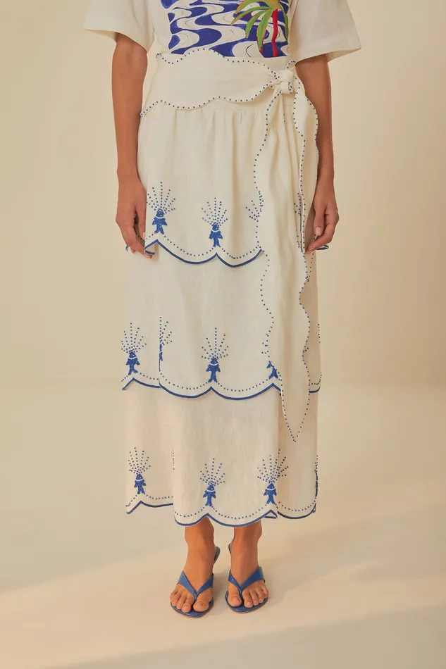OffWhite Sea Of Fish Embroidered Midi Skirt Women Farm Rio Skirts
