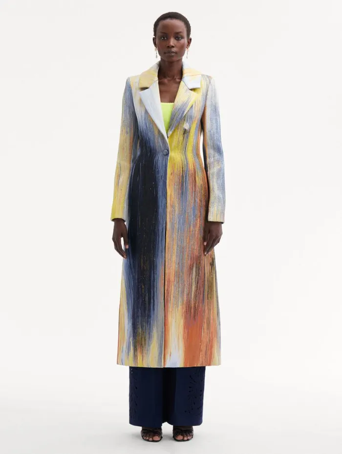 Oscar De La Renta Abstract Brushstroke Jacquard Coat Calendula Multi Women Jackets and Coats Oscar De La Renta Abstract Brushstroke Jacquard Coat Calendula Multi Women Jackets and Coats