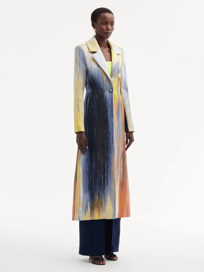 Oscar De La Renta Abstract Brushstroke Jacquard Coat Calendula Multi Women Jackets and Coats Oscar De La Renta Abstract Brushstroke Jacquard Coat Calendula Multi Women Jackets and Coats