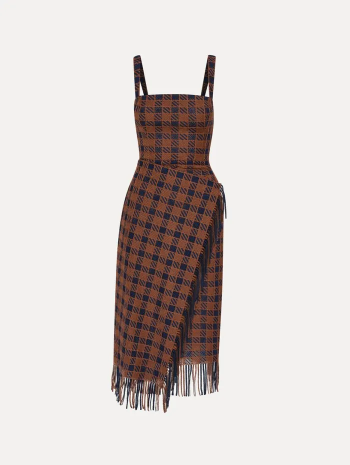 Oscar De La Renta Check Fringe Guipure Dress Cognac Navy Women Dresses