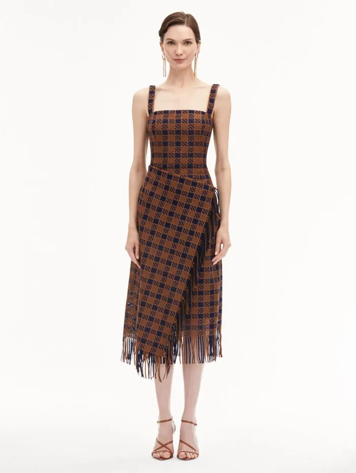 Oscar De La Renta Check Fringe Guipure Dress Cognac Navy Women Dresses Oscar De La Renta Check Fringe Guipure Dress Cognac Navy Women Dresses
