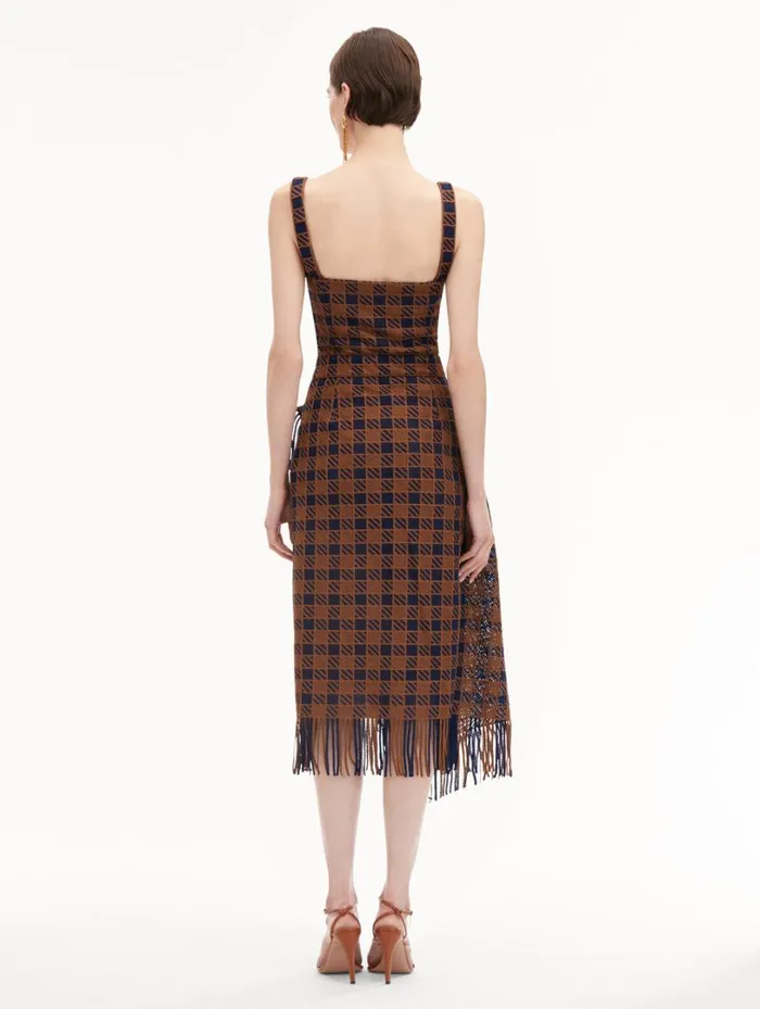 Oscar De La Renta Check Fringe Guipure Dress Cognac Navy Women Dresses Oscar De La Renta Check Fringe Guipure Dress Cognac Navy Women Dresses