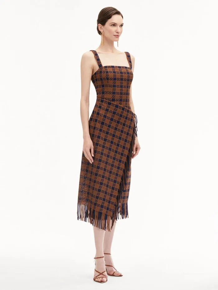 Oscar De La Renta Check Fringe Guipure Dress Cognac Navy Women Dresses Oscar De La Renta Check Fringe Guipure Dress Cognac Navy Women Dresses