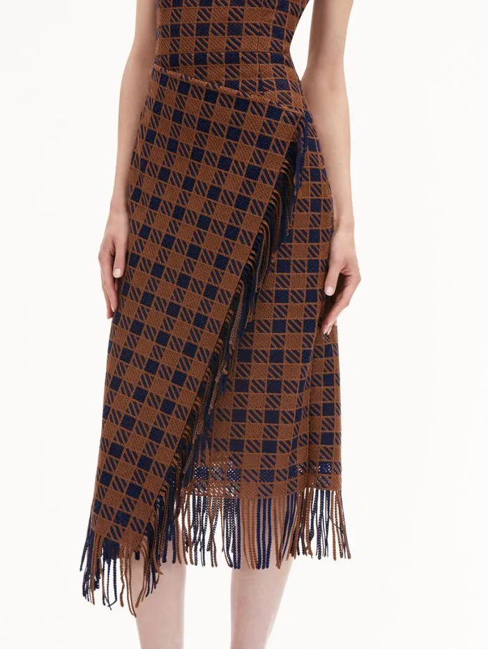 Oscar De La Renta Check Fringe Guipure Dress Cognac Navy Women Dresses Oscar De La Renta Check Fringe Guipure Dress Cognac Navy Women Dresses
