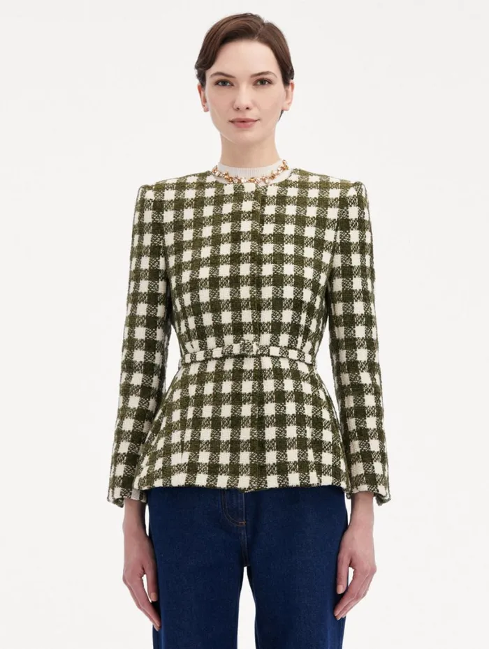 Oscar De La Renta Chenille Check Tweed Jacket Ivory Olive Women Jackets and Coats Oscar De La Renta Chenille Check Tweed Jacket Ivory Olive Women Jackets and Coats