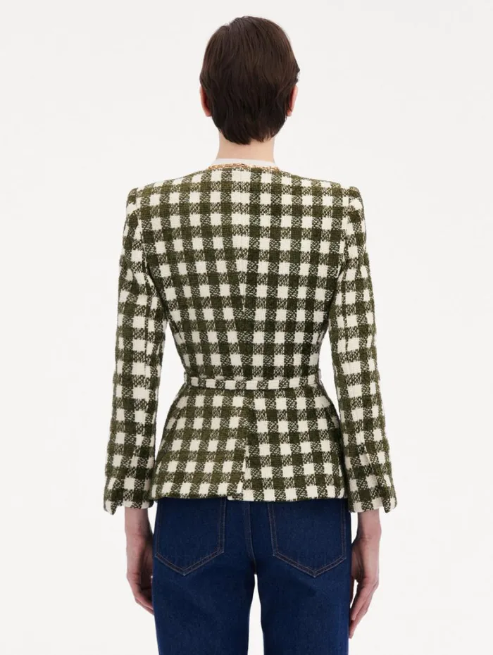 Oscar De La Renta Chenille Check Tweed Jacket Ivory Olive Women Jackets and Coats Oscar De La Renta Chenille Check Tweed Jacket Ivory Olive Women Jackets and Coats