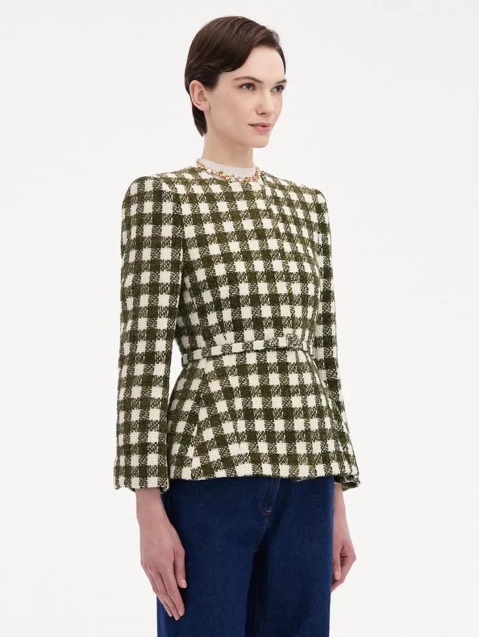 Oscar De La Renta Chenille Check Tweed Jacket Ivory Olive Women Jackets and Coats Oscar De La Renta Chenille Check Tweed Jacket Ivory Olive Women Jackets and Coats