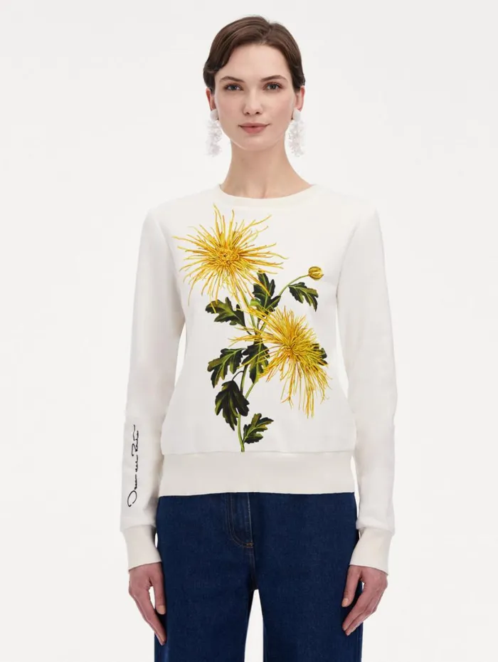 Oscar De La Renta Chrysanthemum Jersey Pullover Yellow Ivory Women Blouses and Knits