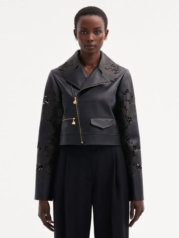 Oscar De La Renta Laser Cut Floral Leather Jacket Black Women Jackets and Coats Oscar De La Renta Laser Cut Floral Leather Jacket Black Women Jackets and Coats