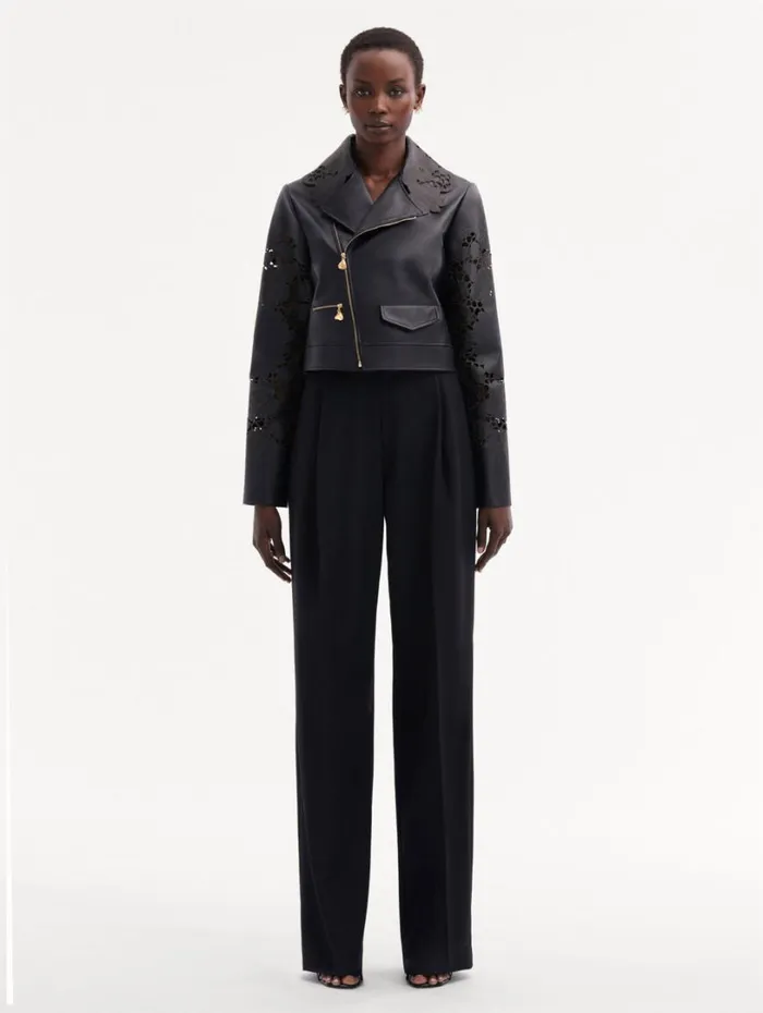 Oscar De La Renta Laser Cut Floral Leather Jacket Black Women Jackets and Coats Oscar De La Renta Laser Cut Floral Leather Jacket Black Women Jackets and Coats