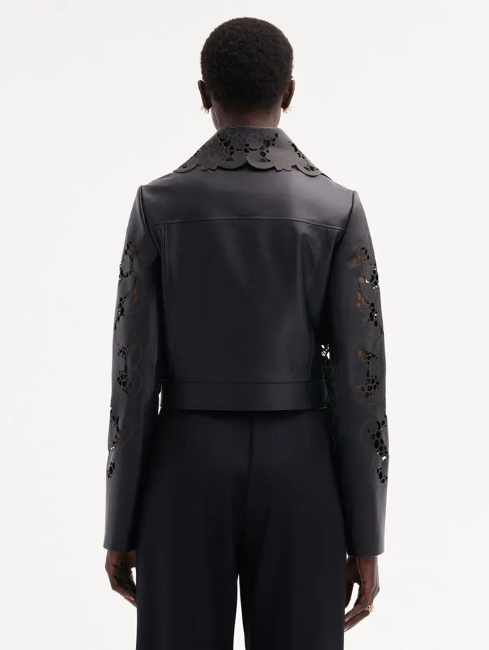 Oscar De La Renta Laser Cut Floral Leather Jacket Black Women Jackets and Coats Oscar De La Renta Laser Cut Floral Leather Jacket Black Women Jackets and Coats