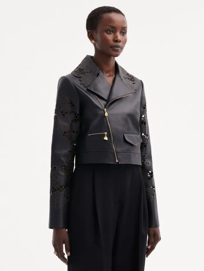 Oscar De La Renta Laser Cut Floral Leather Jacket Black Women Jackets and Coats Oscar De La Renta Laser Cut Floral Leather Jacket Black Women Jackets and Coats