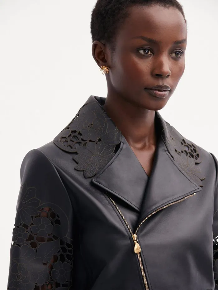 Oscar De La Renta Laser Cut Floral Leather Jacket Black Women Jackets and Coats Oscar De La Renta Laser Cut Floral Leather Jacket Black Women Jackets and Coats