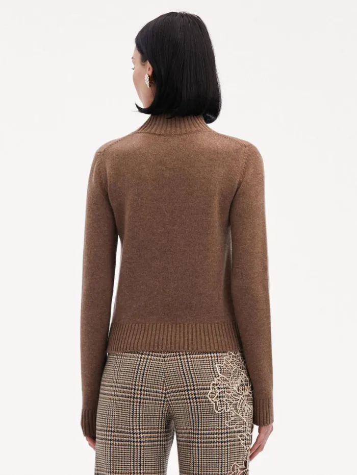 Oscar De La Renta O Flower Mock Neck Cashmere Pullover Brown Women Blouses and Knits