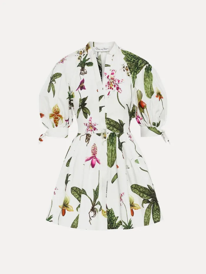 Oscar De La Renta Orchid Cotton Poplin Puff Sleeve Dress White Multi Women Dresses