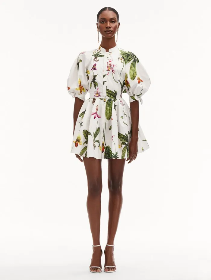 Oscar De La Renta Orchid Cotton Poplin Puff Sleeve Dress White Multi Women Dresses Oscar De La Renta Orchid Cotton Poplin Puff Sleeve Dress White Multi Women Dresses