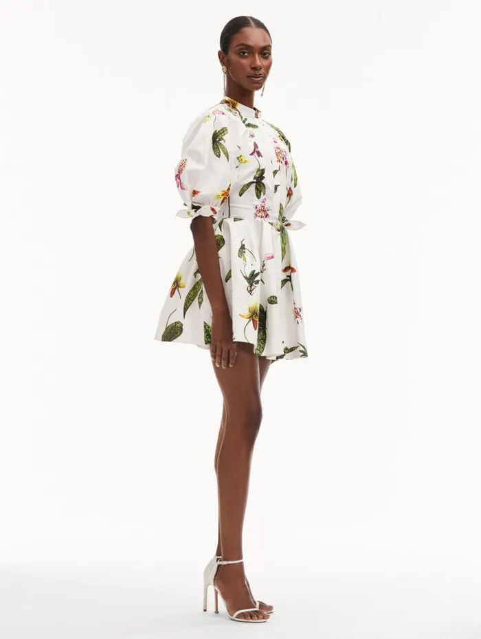 Oscar De La Renta Orchid Cotton Poplin Puff Sleeve Dress White Multi Women Dresses Oscar De La Renta Orchid Cotton Poplin Puff Sleeve Dress White Multi Women Dresses